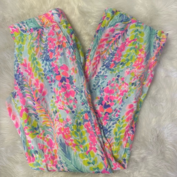 Lilly Pulitzer Linen Palazzo Pants XS Tropical Print Wide Leg Resort Wear - Picture 3 of 7